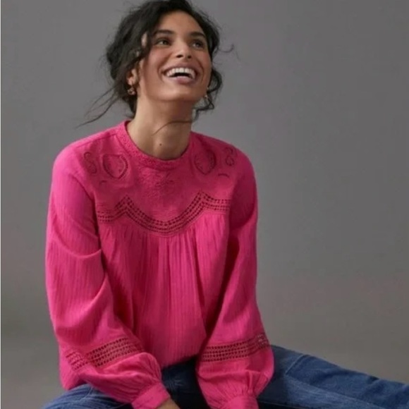 Anthropologie Harmony Hot Pink Lace Embroidered Blouse Size Small - Picture 1 of 14